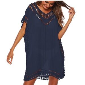 Dark Blue Tunic/Swim Coverup Crochet Chiffon Beach Dress